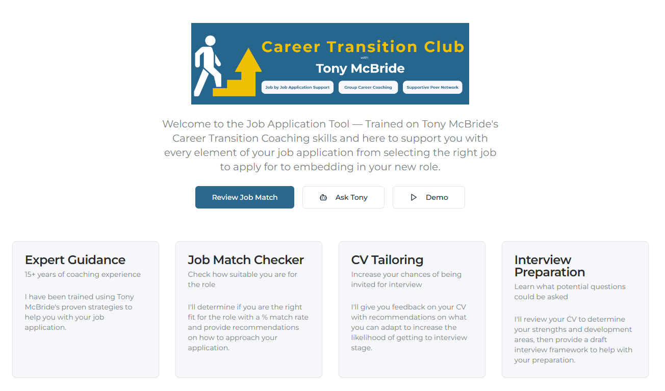 Career Transition Club job application tool interface