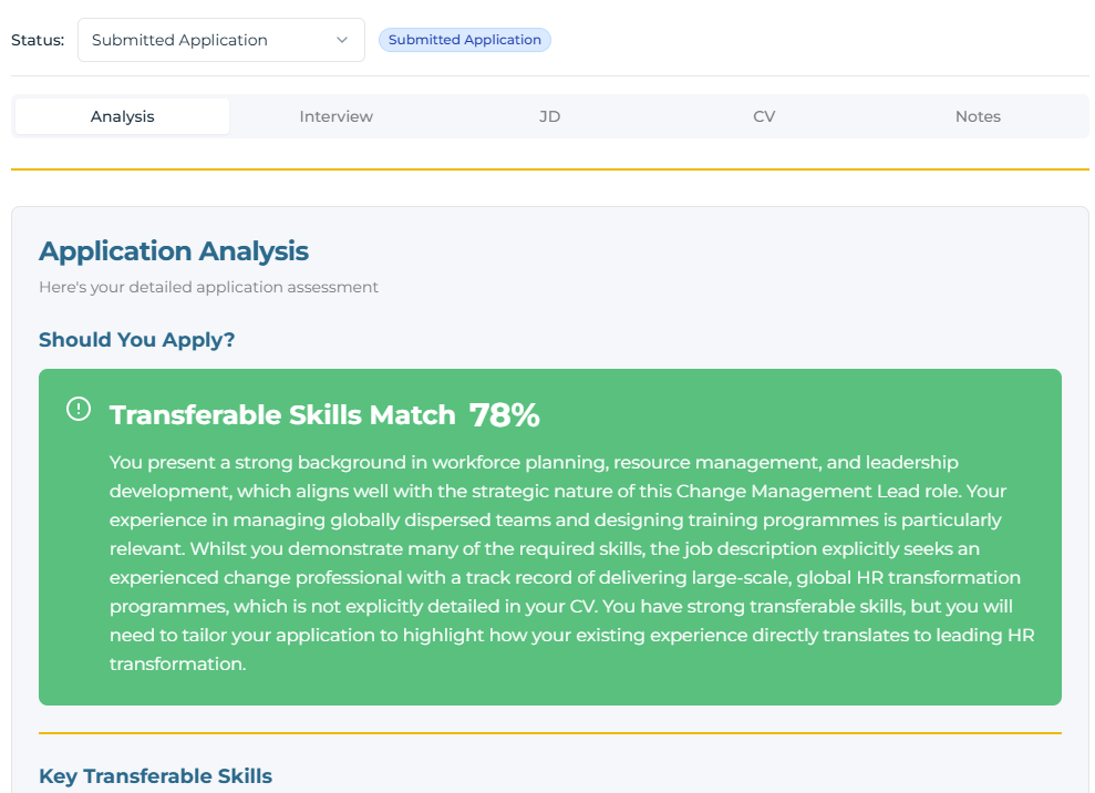 Application analysis showing transferable skills match score