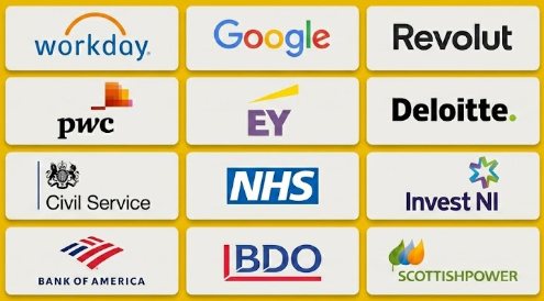 Logos of past client employers including Workday, Google, Revolut, PwC, EY, Deloitte, UK Civil Service, NHS, Invest NI, Bank of America, BDO and Scottish Power